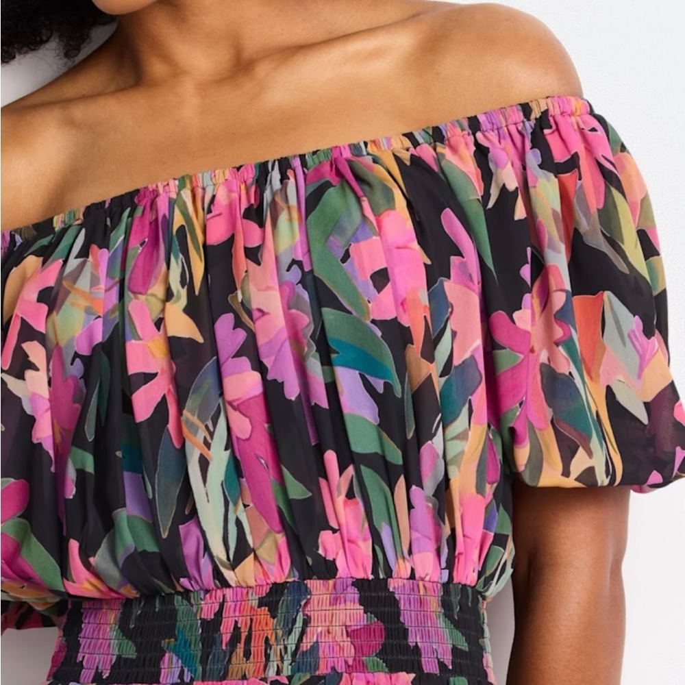 NWT Vince Camuto Puff Sleeve Off the Shoulder Midi Dress in Pink & Black Floral - Picture 3 of 5